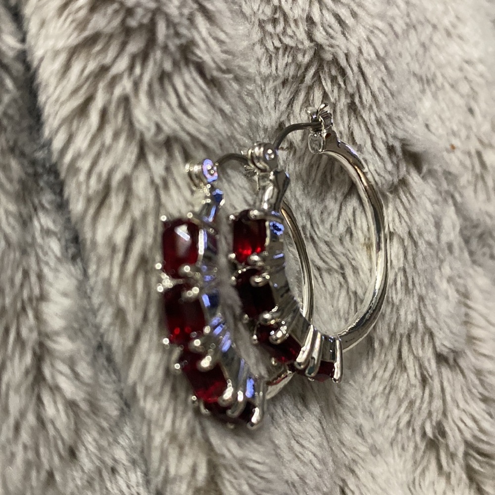 Gorgeous Silver Tone Hoops Ruby Looking Gems - image 2